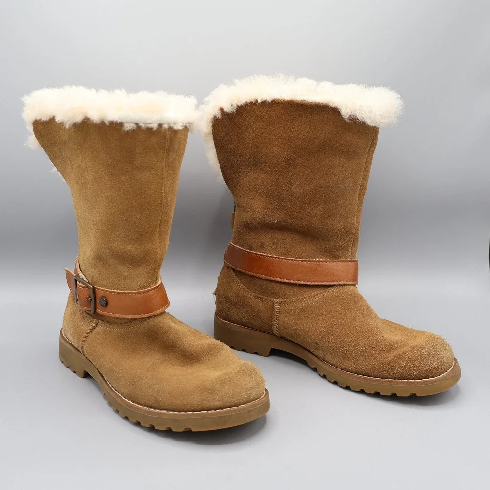 UGG Nessa Shearling Chestnut Suede Boots‎ Kids Size 1 Buckle Zip Warm Boho